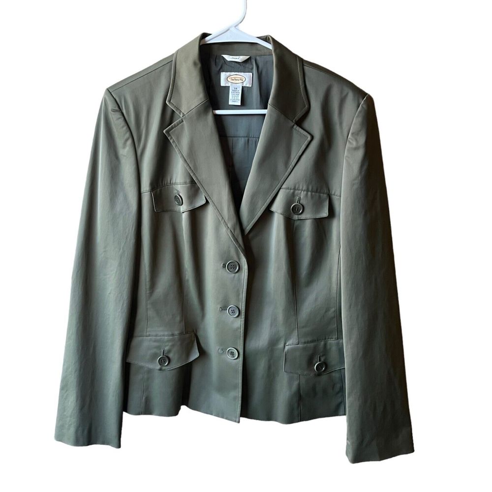 Talbots Women Military Blazer Jacket 14 Stretch Cargo Pockets Long Sleeve Green